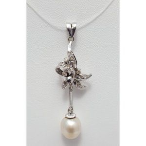 14K Solid White Gold Designer Pearl & Diamond Drop Dangle Charm Pendant